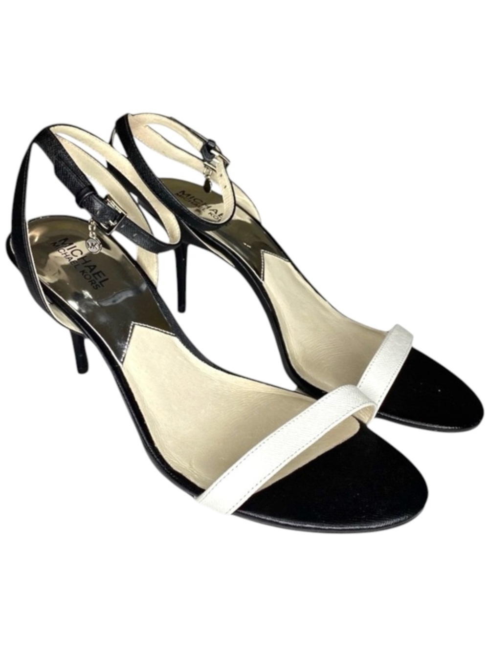 Michael Kors ᪥ Bridget Saffiano Leather Stiletto Ankle Strap Sandal ᪥ B+W ᪥ 10M - Picture 10 of 16